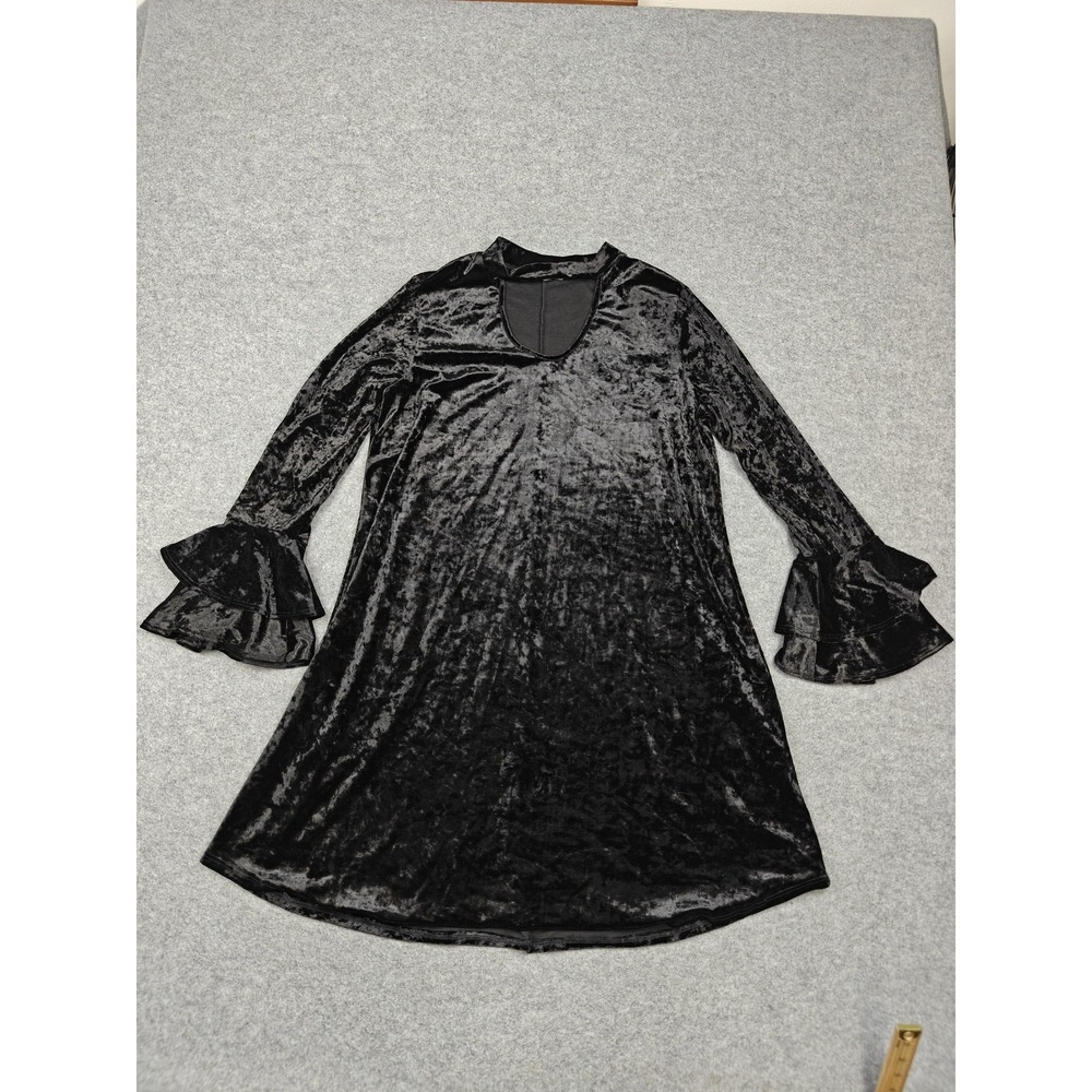 Sweet Pea Dress Womens L Black Velvet Ruffle Bell Sleeve Shift Mini Party